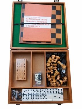 Vintage Wooden Game Set Chess Backgammon Cribbage Dominoes Dice Complete